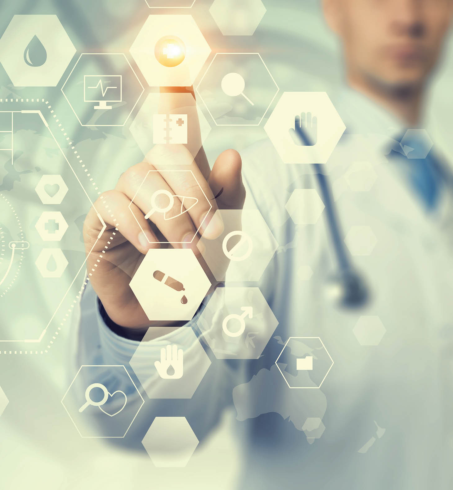 Young male doctor working with media screen