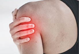 Woman, shoulder pain and exercise injury, red overlay and workout outdoor, fibromyalgia and back muscle tension. Arthritis, arm ache and inflammation, female athlete and medical problem with fitness.