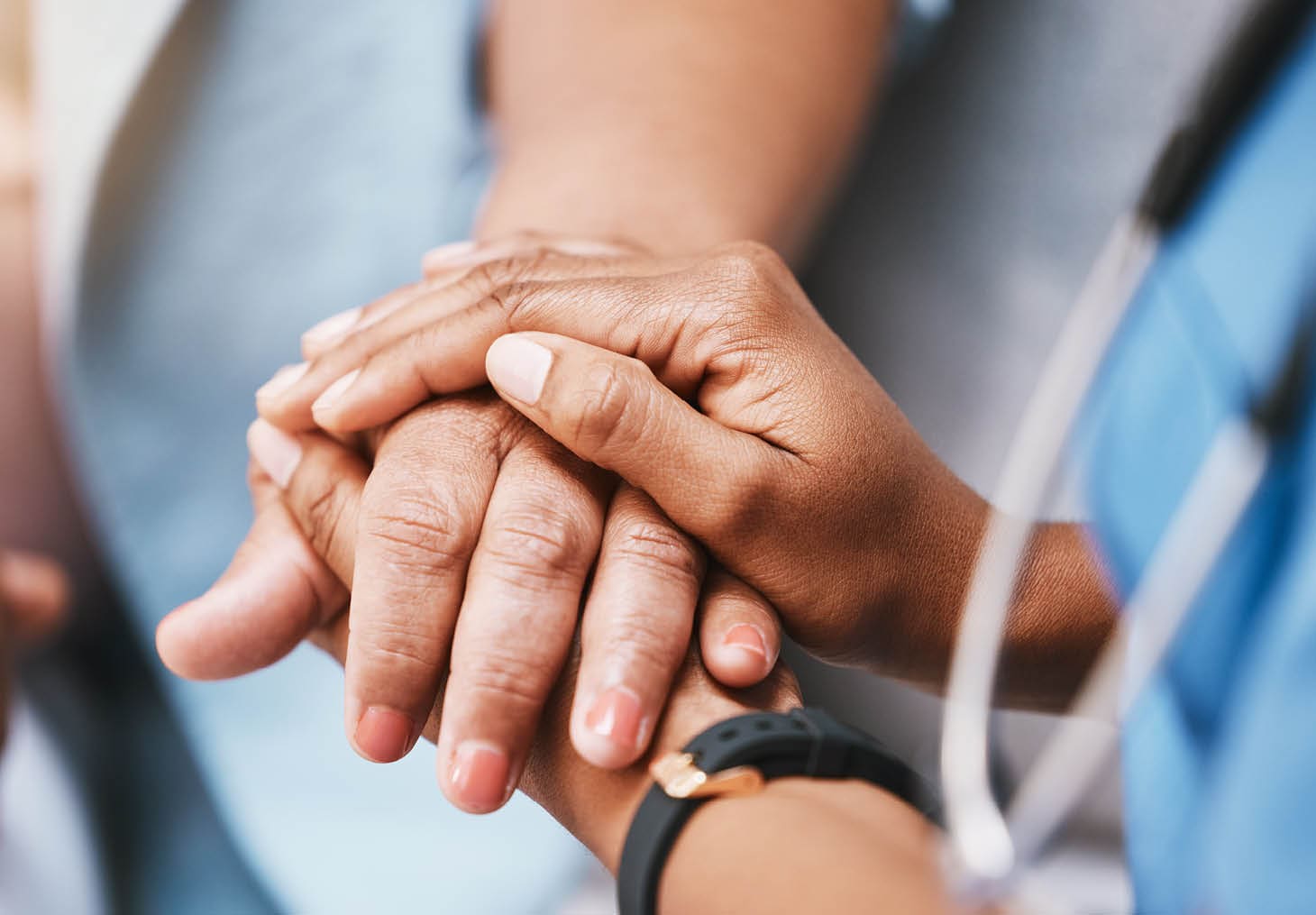Empathy, trust and nurse holding hands with patient for help, consulting support and healthcare advice. Kindness, counseling and medical therapy in nursing home for hope, consultation and psychology.